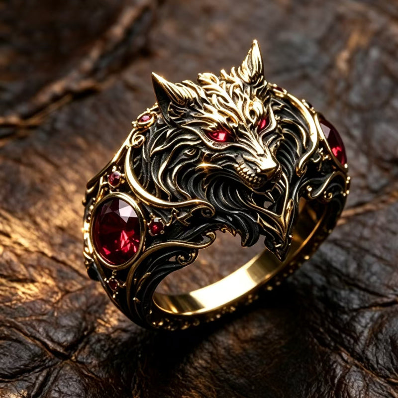 Vintage Wolf‑Head Men’s Statement Ring With Red Gemstones Gothic Wide Band Ring