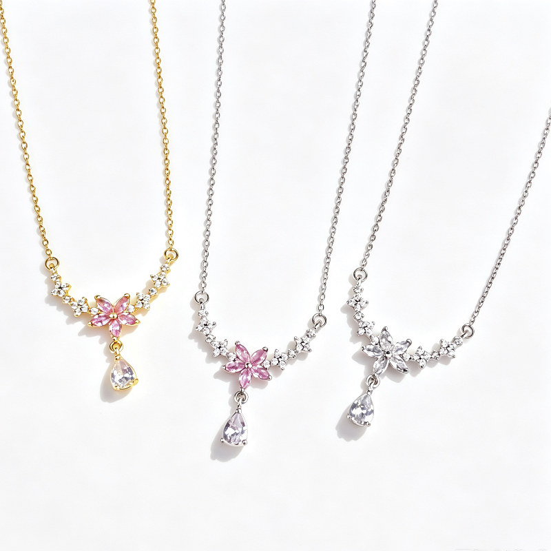 V-Shape Floral Star Teardrop Diamond Necklace, Dainty Collarbone Chain