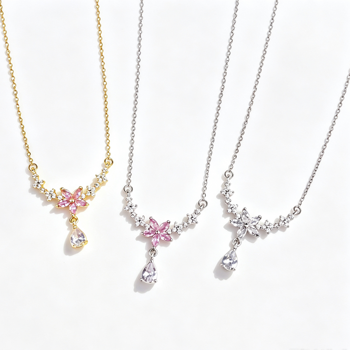 V-Shape Floral Star Teardrop Diamond Necklace, Dainty Collarbone Chain