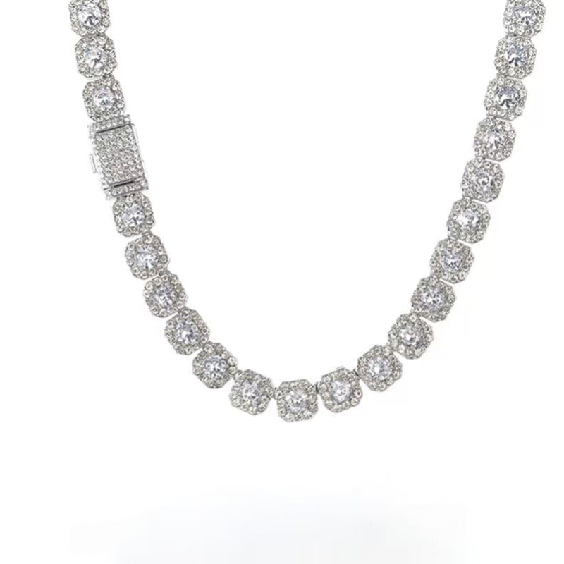 Unisex Cushion Square Halo Diamond Tennis Choker Necklace, Luxury Hip Hop Statement Collar Jewelry