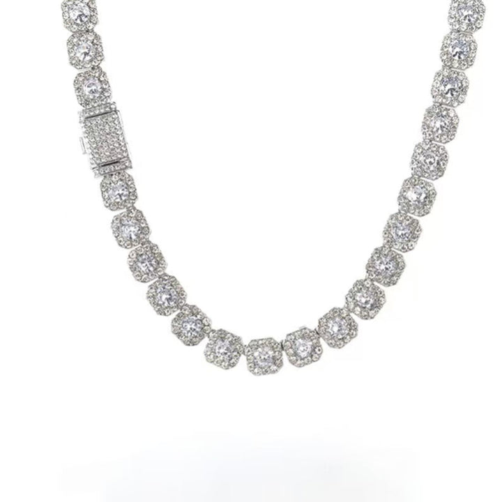 Unisex Cushion Square Halo Diamond Tennis Choker Necklace, Luxury Hip Hop Statement Collar Jewelry