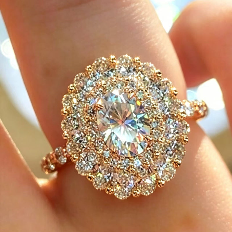 Oval‑Cut Double Halo Diamond Engagement Ring, Rose Gold Tone Women’s Statement Ring