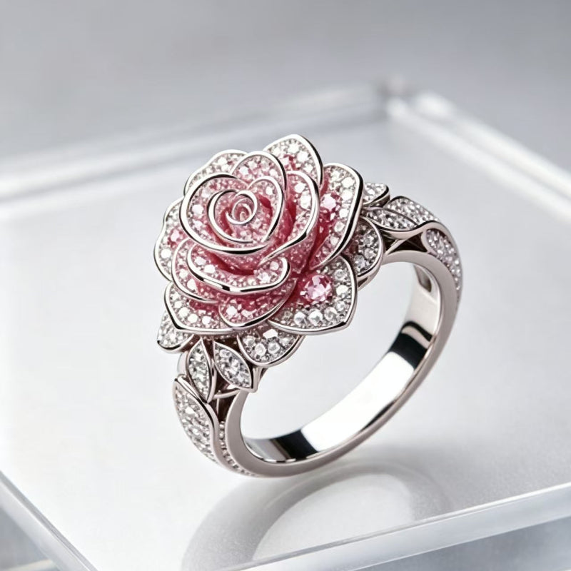 3D Rose‑Shape Pavé Diamond Ring, Rose Gold Tone Women’s Statement Ring