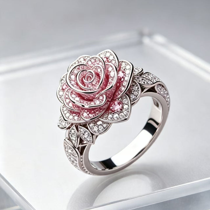 3D Rose‑Shape Pavé Diamond Ring, Rose Gold Tone Women’s Statement Ring