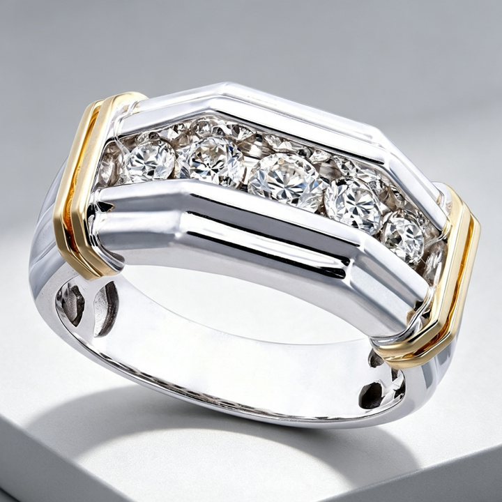 Two‑Tone Men’s Band Ring, Channel‑Set Sparkling Diamonds Statement Jewelry