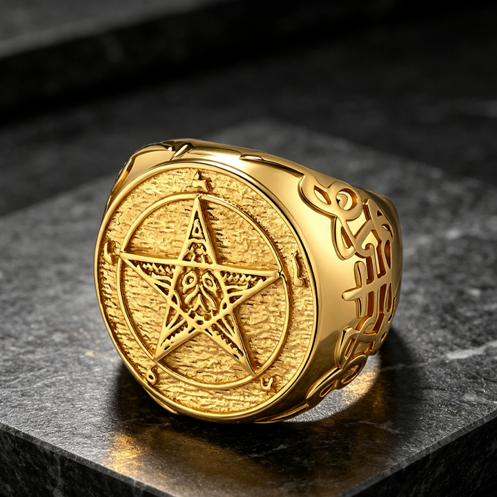 Gothic Pentagram Baphomet‑Style Signet Ring Men Ring, Antique Engraved Celtic Knot Statement Ring