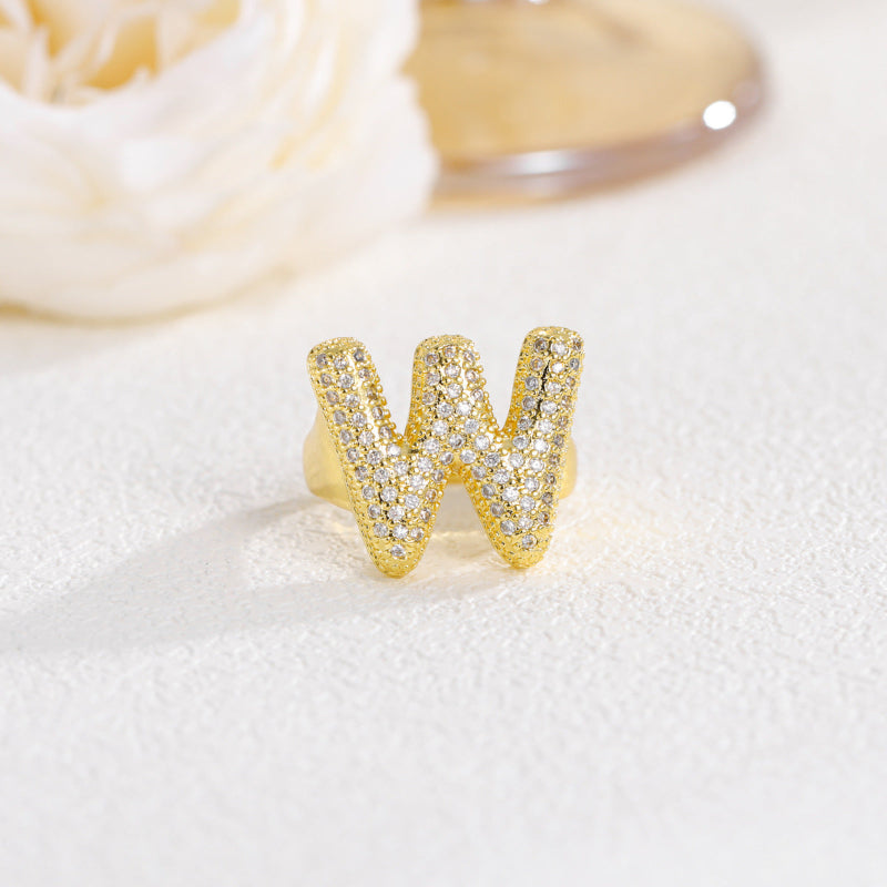 Adjustable Open Iced‑Out Initial Letter Diamond Ring, 26‑Alphabet Statement Unique Style Ring