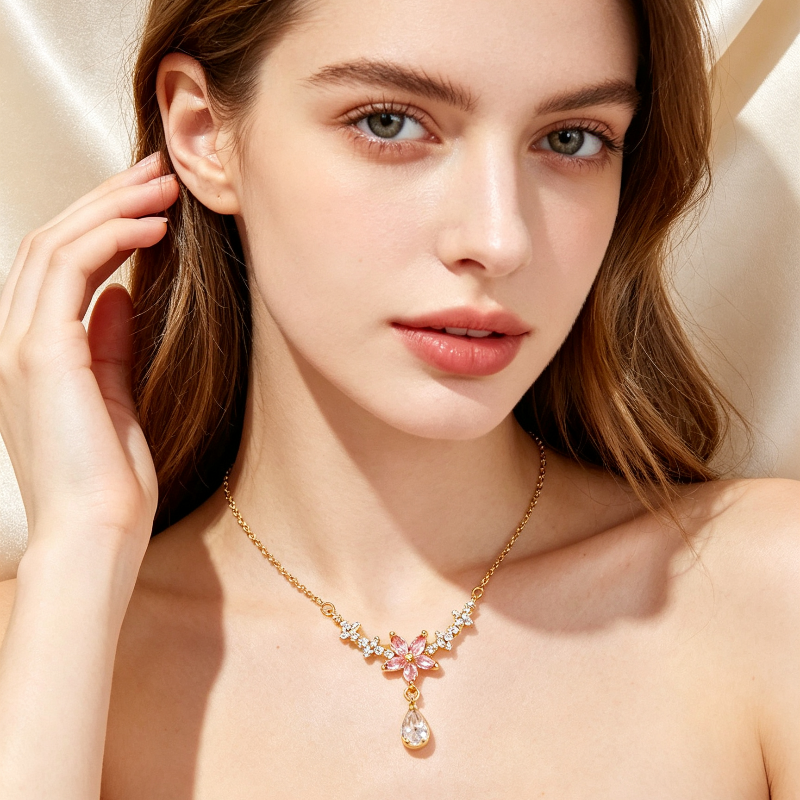V-Shape Floral Star Teardrop Diamond Necklace, Dainty Collarbone Chain