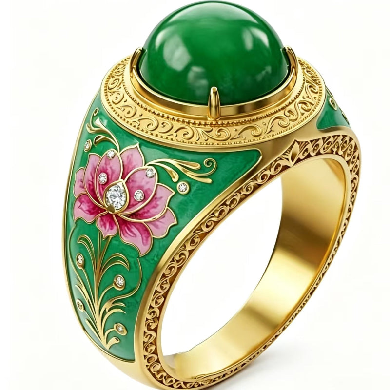 Vintage Enamel Lotus Green Cabochon Statement Ring For Women