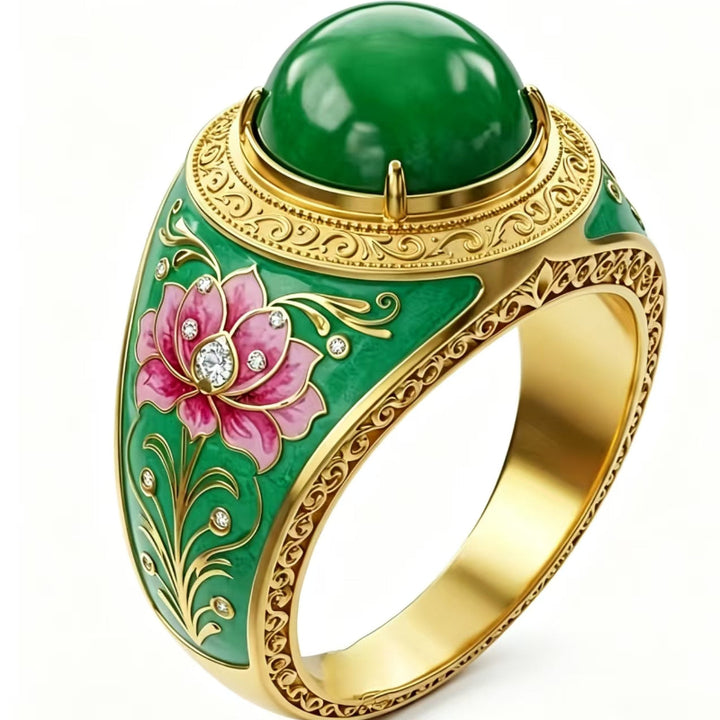 Vintage Enamel Lotus Green Cabochon Statement Ring For Women