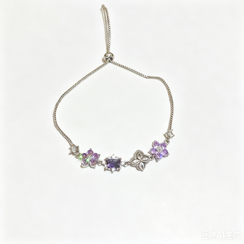 Purple Floral Gem Slider Adjustable Bracelet, Gold Silver Dainty Stackable Wrist Chain