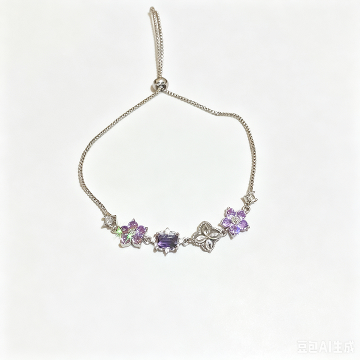 Purple Floral Gem Slider Adjustable Bracelet, Gold Silver Dainty Stackable Wrist Chain
