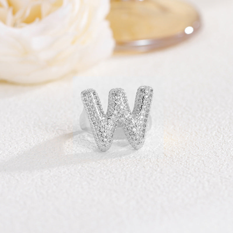 Adjustable Open Iced‑Out Initial Letter Diamond Ring, 26‑Alphabet Statement Unique Style Ring