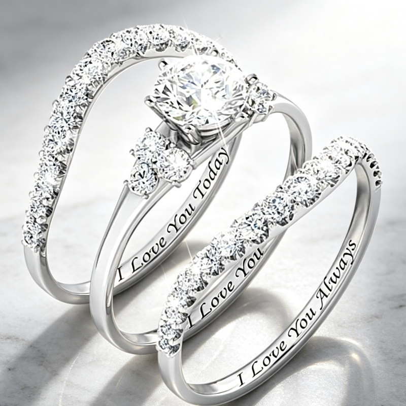 Round Diamond Engraved 3-Piece Bridal Stack Ring, Personalized "I Love You Today Tomorrow Always" Promise Ring