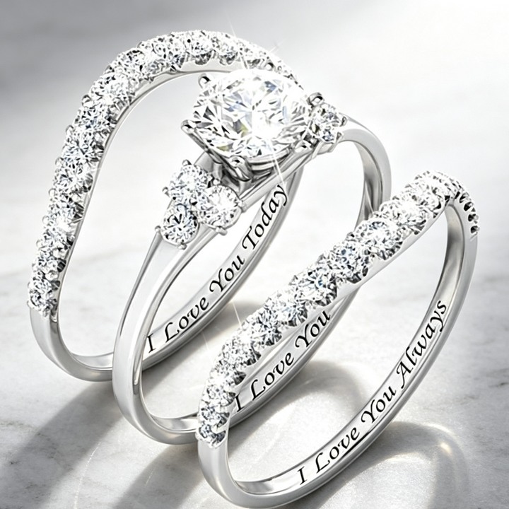 Round Diamond Engraved 3-Piece Bridal Stack Ring, Personalized "I Love You Today Tomorrow Always" Promise Ring