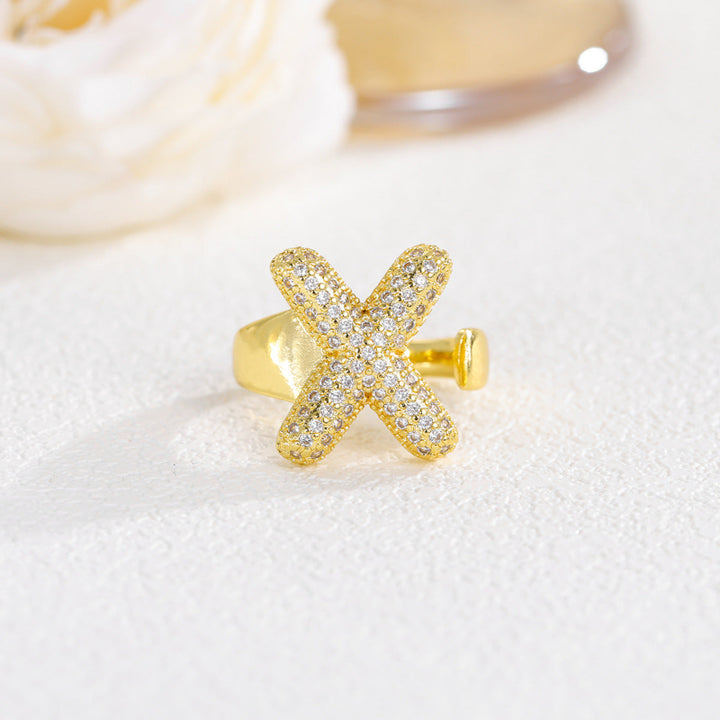 Adjustable Open Iced‑Out Initial Letter Diamond Ring, 26‑Alphabet Statement Unique Style Ring