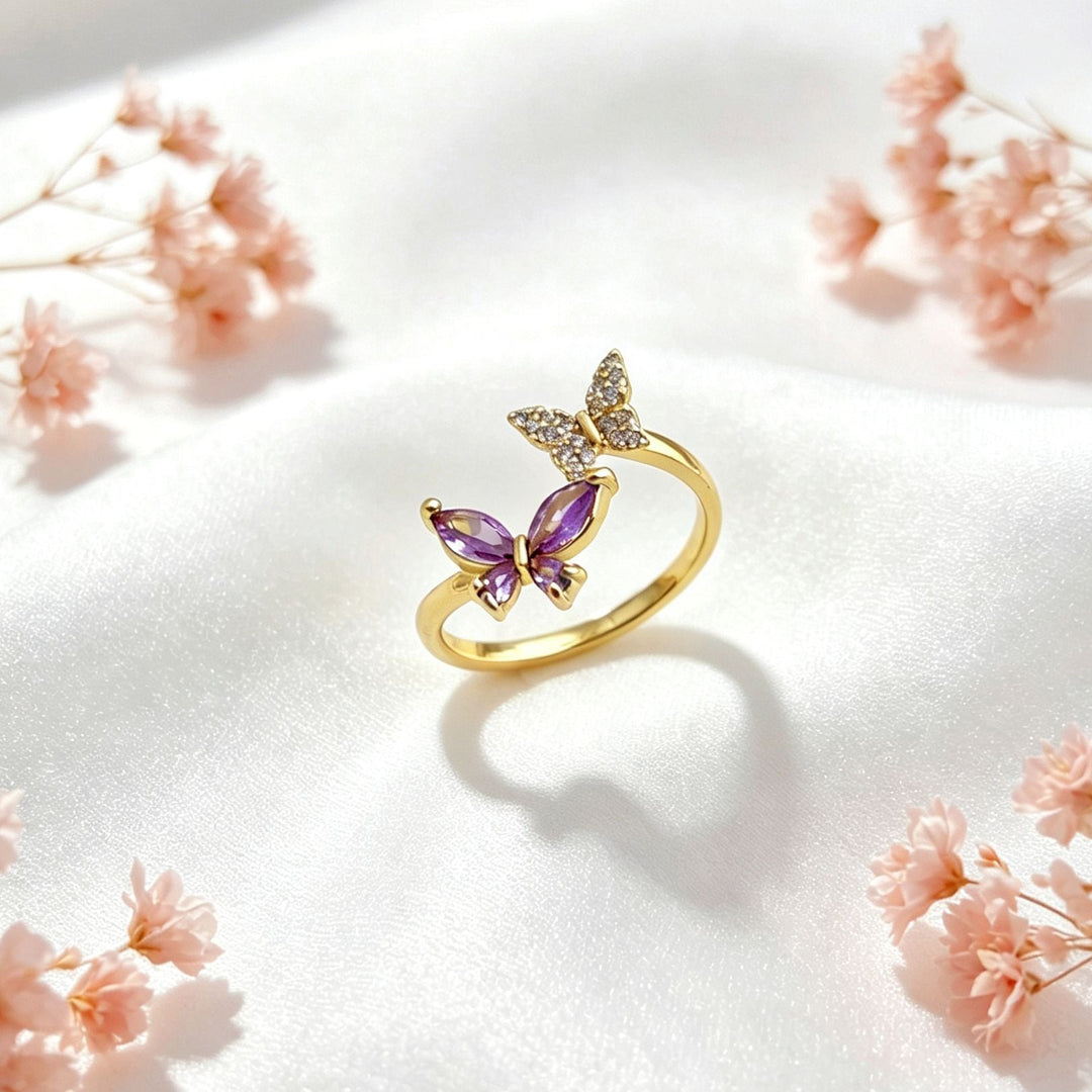 Adjustable Butterfly Ring, Multi-color Gemstone Open Ring Jewelry for Women