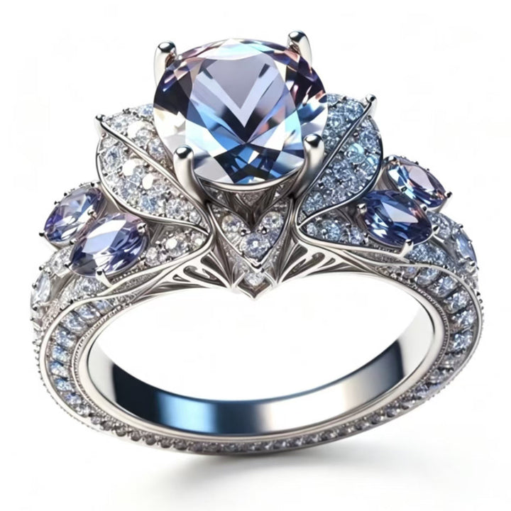Vintage Ornate Blue‑Tone Diamond Halo Ring, Luxury Women’s Statement Ring