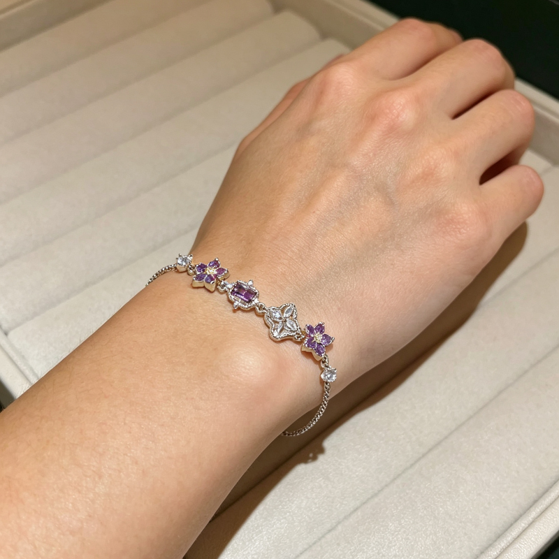 Purple Floral Gem Slider Adjustable Bracelet, Gold Silver Dainty Stackable Wrist Chain
