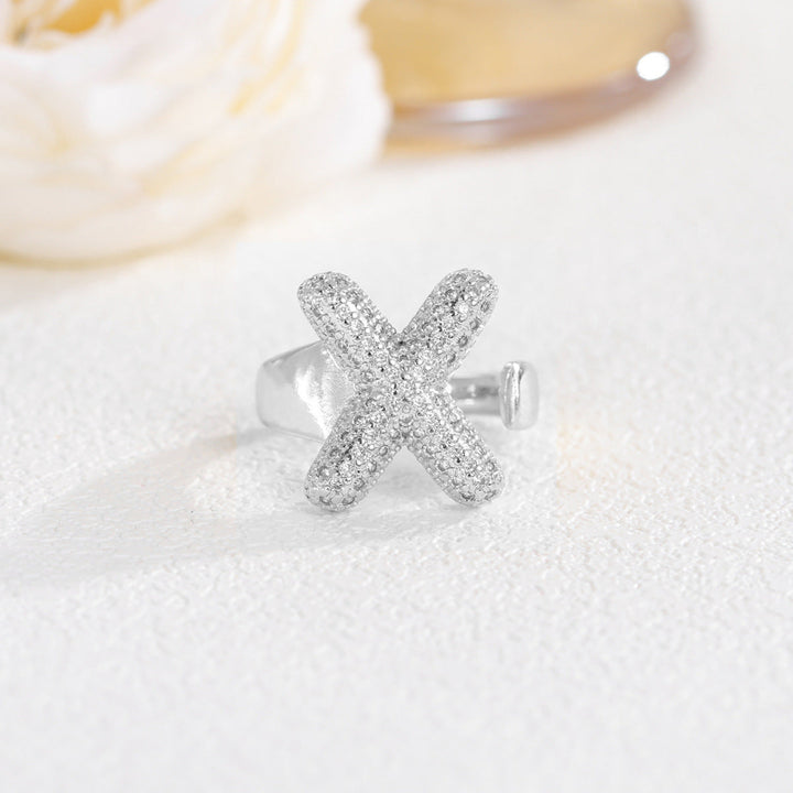 Adjustable Open Iced‑Out Initial Letter Diamond Ring, 26‑Alphabet Statement Unique Style Ring