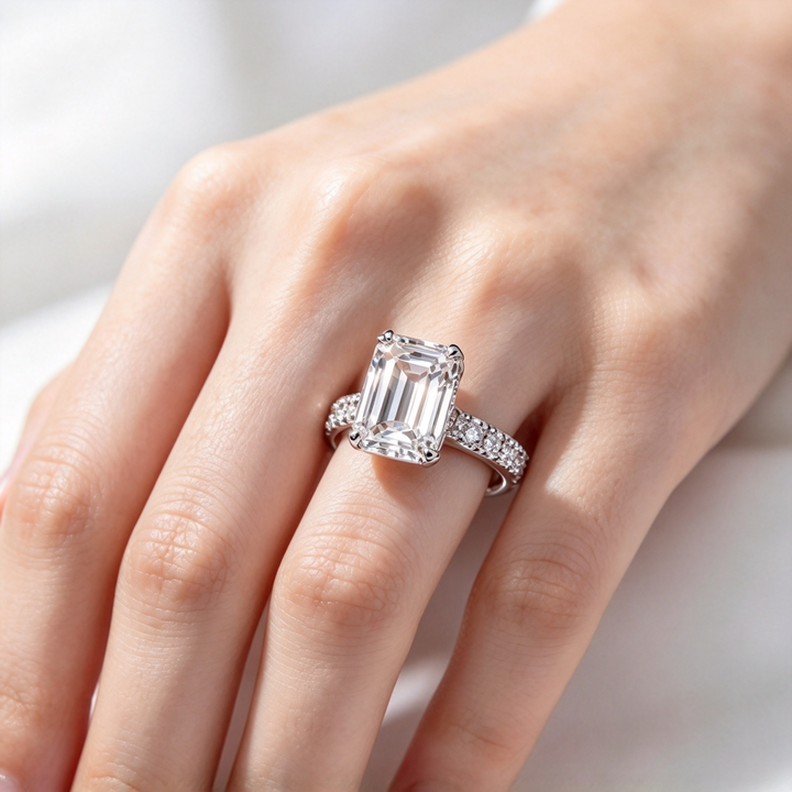 Emerald Cut Luxury 8-Prong Statement Ring for Women, Sparkling Side Stone Engagement Style Ring