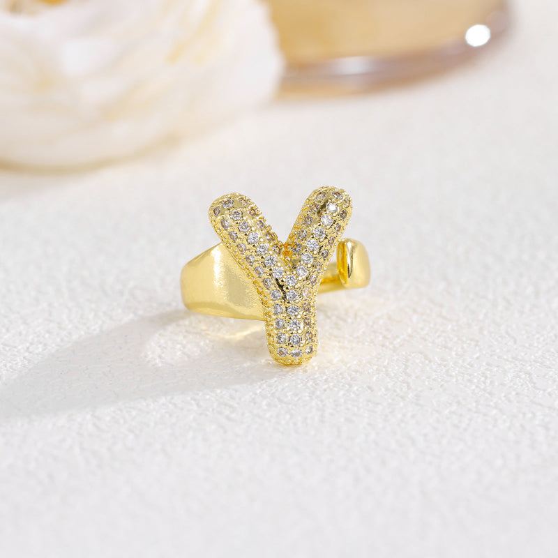 Adjustable Open Iced‑Out Initial Letter Diamond Ring, 26‑Alphabet Statement Unique Style Ring