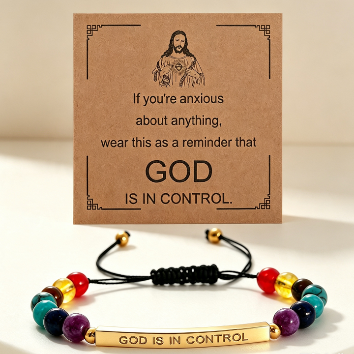 "God Is In Control" Colorful Beaded Adjustable Bracelet, Inspirational Bar Charm Bracelet Gold & Silver Tone