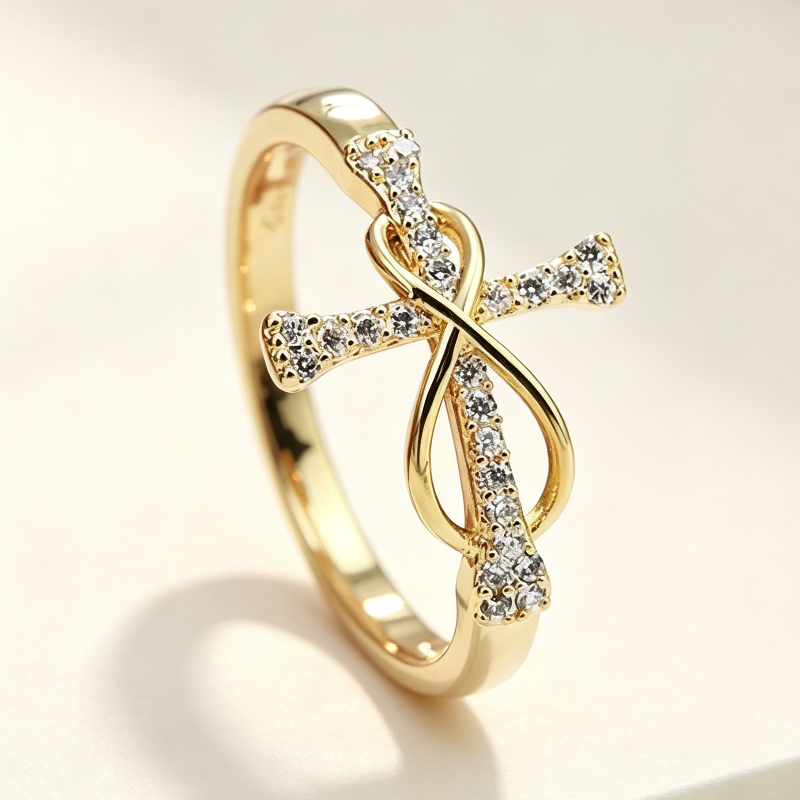 Infinity Loop Cross Full Pave Diamond Band Ring, Faith Eternal Love Women Stackable Jewelry
