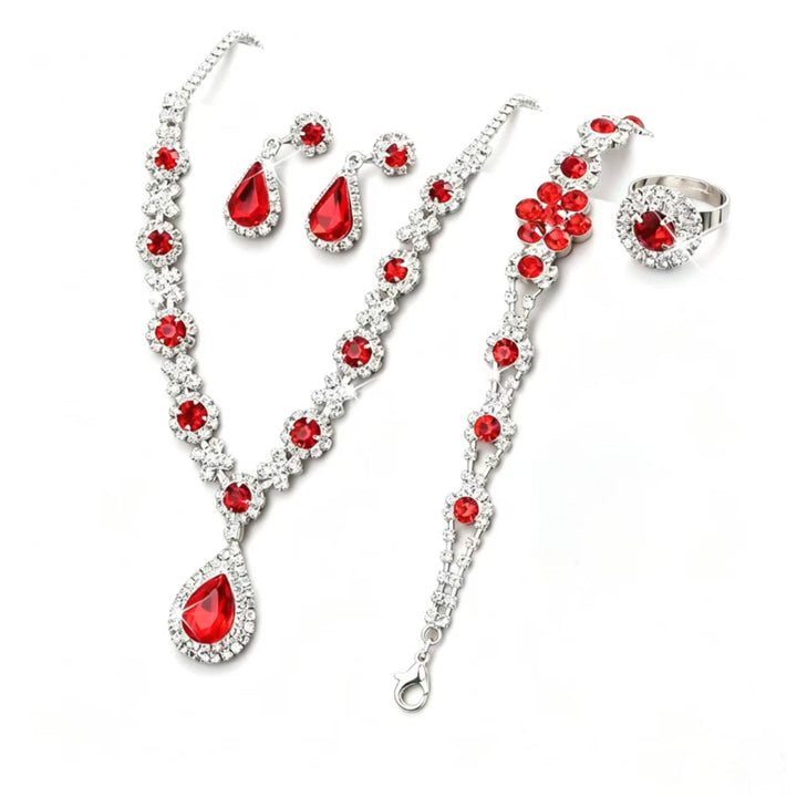 Teardrop Diamond Formal Jewelry 4Pcs Set, Necklace Earrings Bracelet Open Ring Wedding Evening