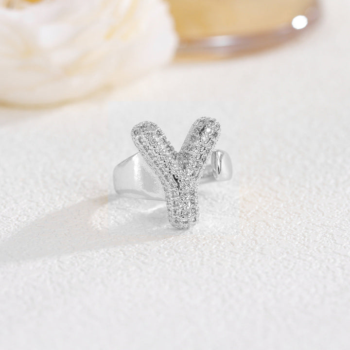 Adjustable Open Iced‑Out Initial Letter Diamond Ring, 26‑Alphabet Statement Unique Style Ring