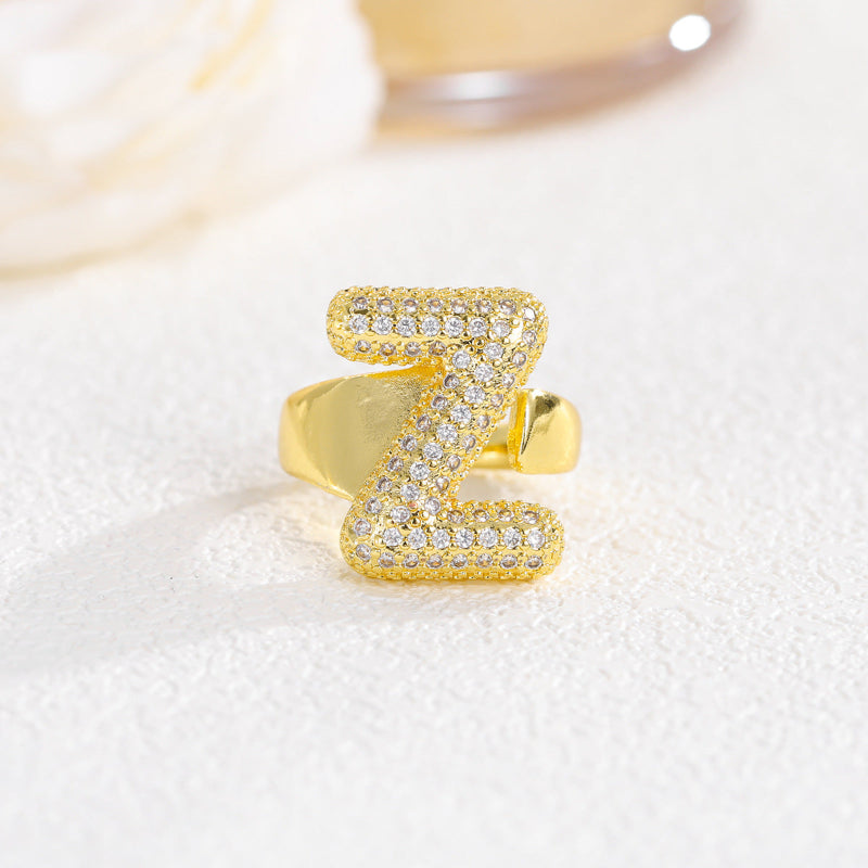 Adjustable Open Iced‑Out Initial Letter Diamond Ring, 26‑Alphabet Statement Unique Style Ring