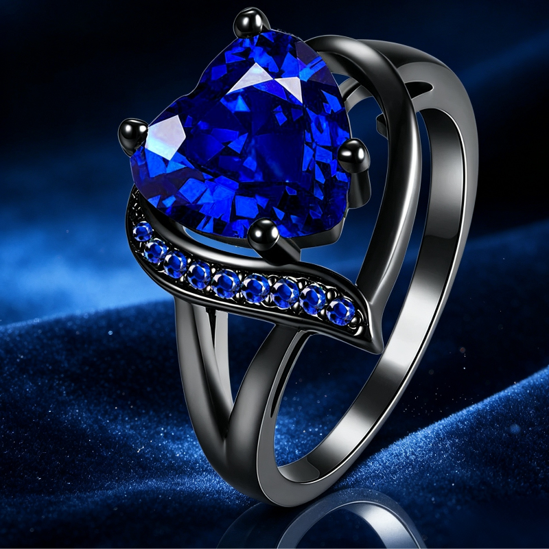 Black Tungsten Galaxy Inlay & Heart Gem Ring Collection, Gothic Promise Wedding Band Sets