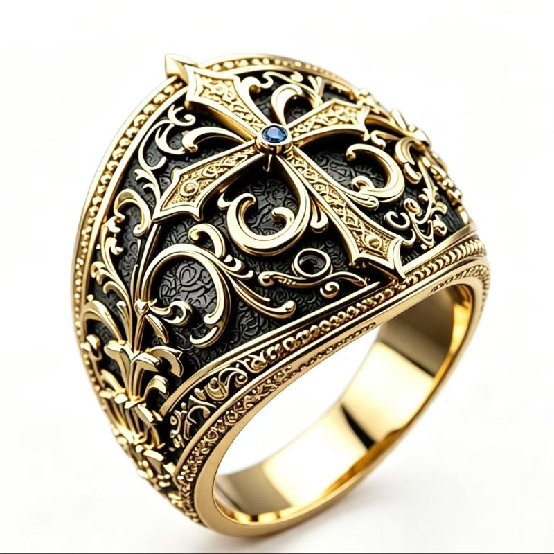 Vintage Engraved Cross Diamond Signet Ring, Gold Tone Men’s Statement Ring