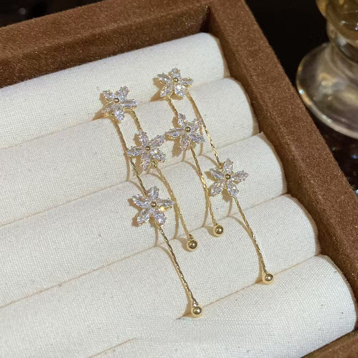 Three-Flower Diamond Long Tassel Drop Earrings, Elegant Slimming Face Chain Dangle Earrings for Women