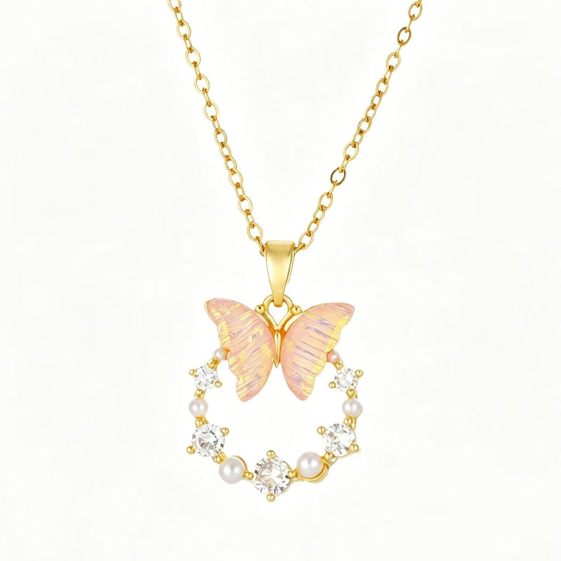 Iridescent Butterfly Wreath Pendant Necklace, Pearl & Diamond Decor Elegant Necklace For Women