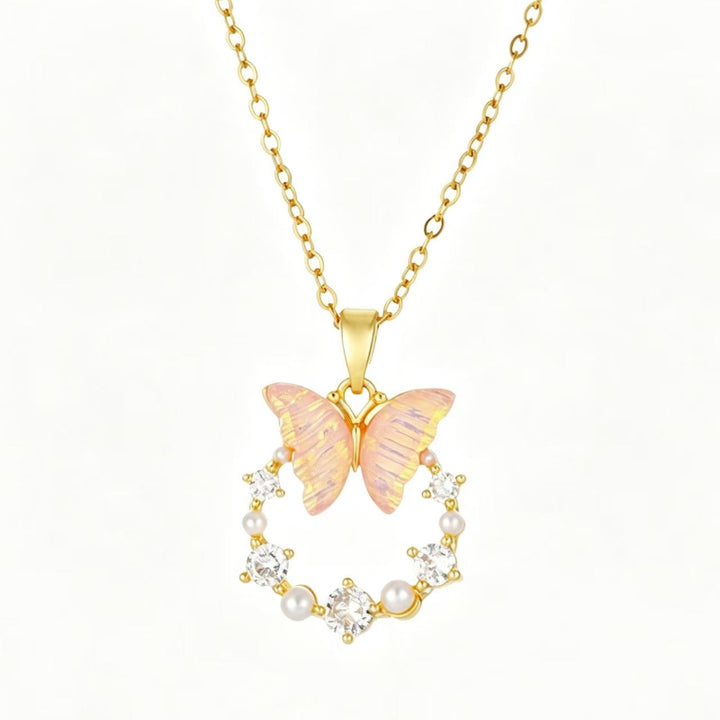 Iridescent Butterfly Wreath Pendant Necklace, Pearl & Diamond Decor Elegant Necklace For Women