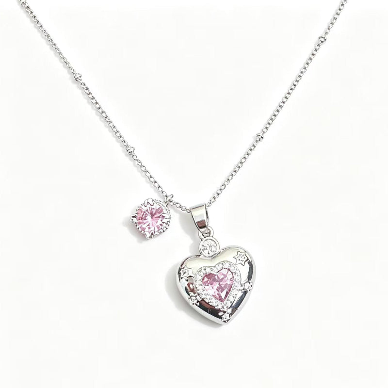 Vintage Heart Locket Jewelry Set, Paved Diamond Photo‑Keep Earring &amp; Necklace With Pearl Detail