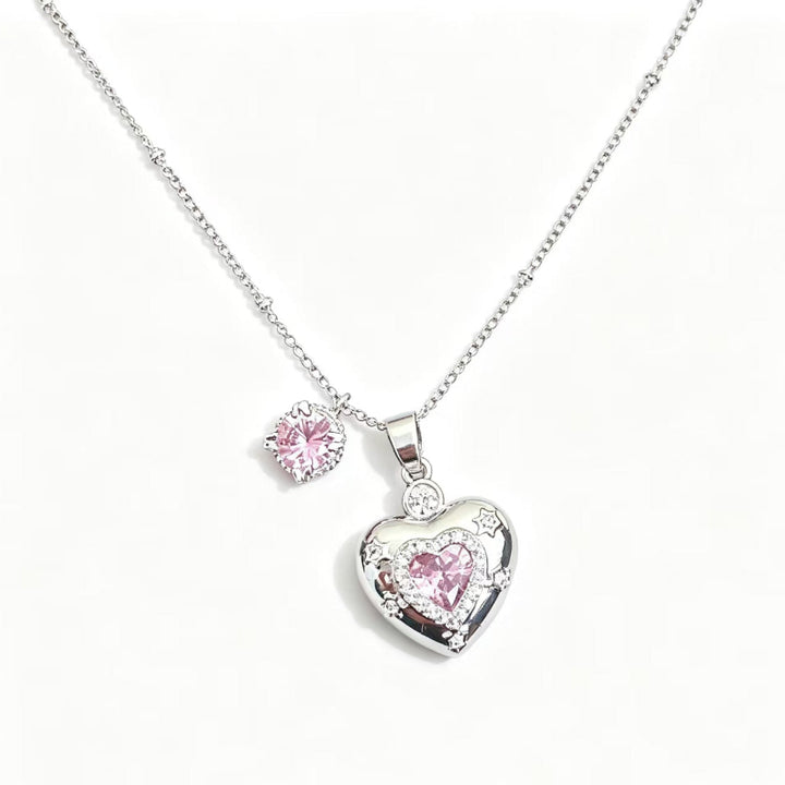 Vintage Heart Locket Jewelry Set, Paved Diamond Photo‑Keep Earring &amp; Necklace With Pearl Detail