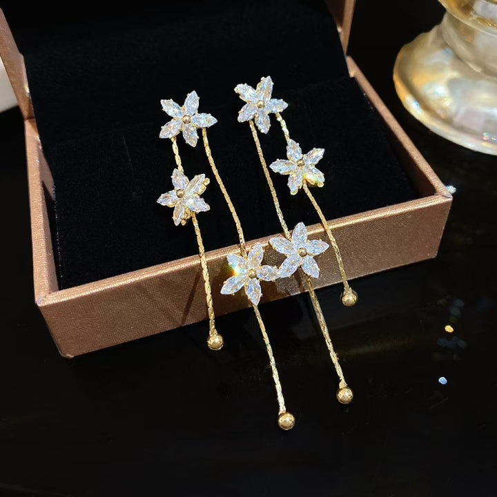Three-Flower Diamond Long Tassel Drop Earrings, Elegant Slimming Face Chain Dangle Earrings for Women