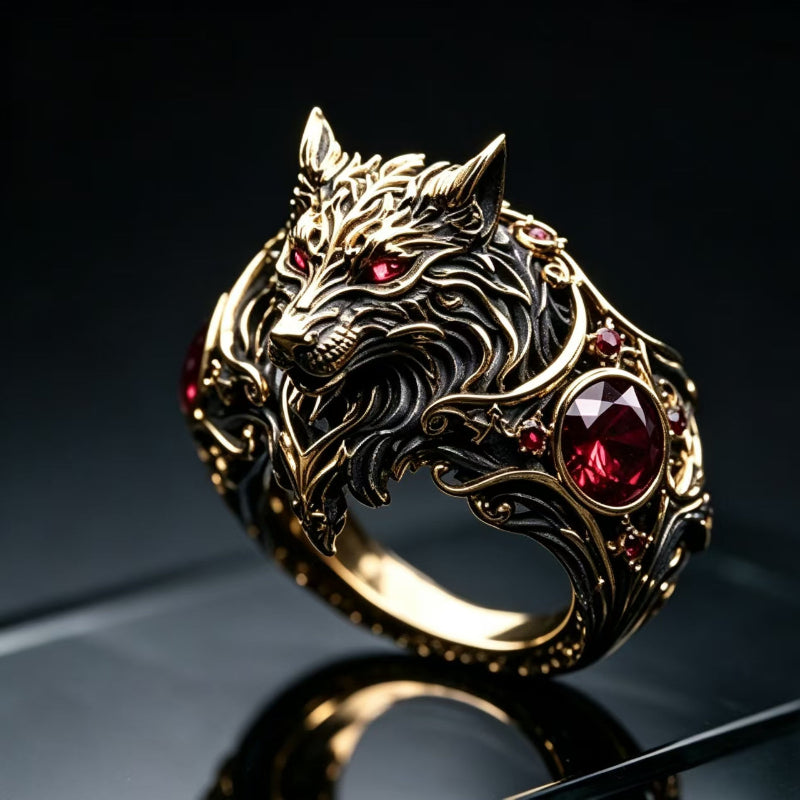 Vintage Wolf‑Head Men’s Statement Ring With Red Gemstones Gothic Wide Band Ring