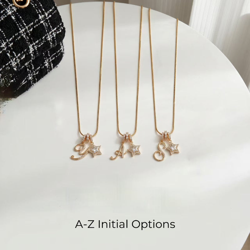 Cursive Initial Letter Diamond Star Pendant Necklace, 26‑Alphabet Snake Chain Necklace