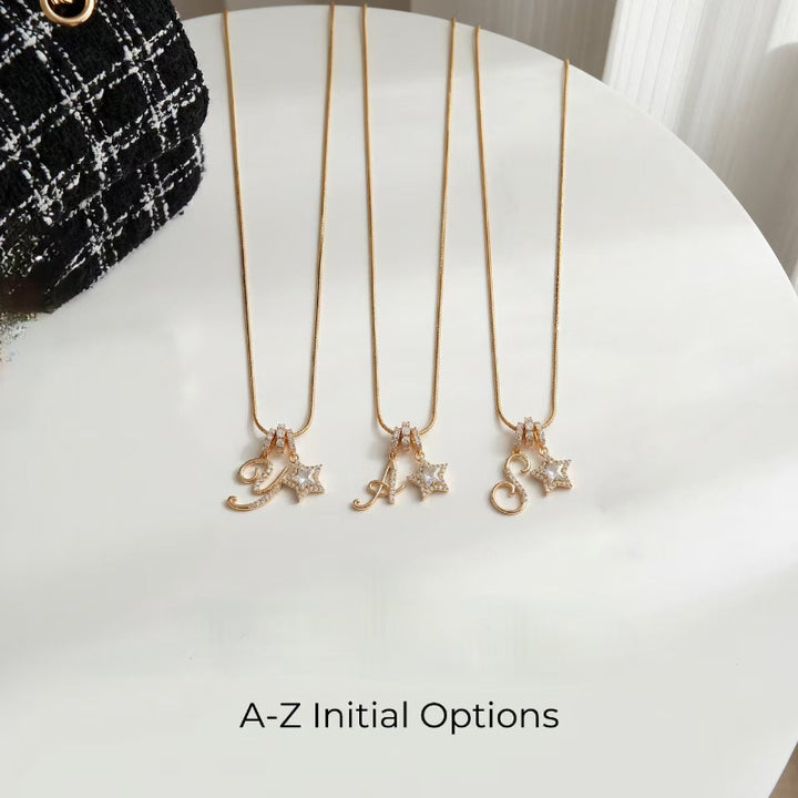 Cursive Initial Letter Diamond Star Pendant Necklace, 26‑Alphabet Snake Chain Necklace