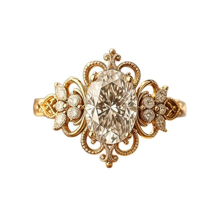 Vintage Art‑Deco Oval‑Cut Diamond Gold Ring, Ornate Filigree Engraved Statement Engagement Ring