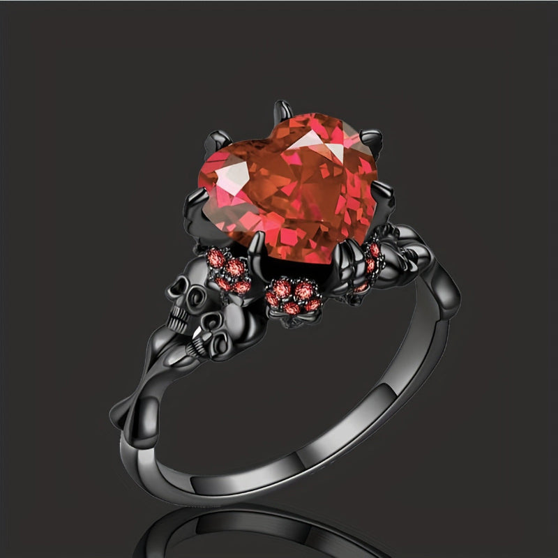 Gothic Skull Claw Heart Gem Ring, 3 Color Red Black Purple Heart Stone Dark Punk Halloween Statement Ring