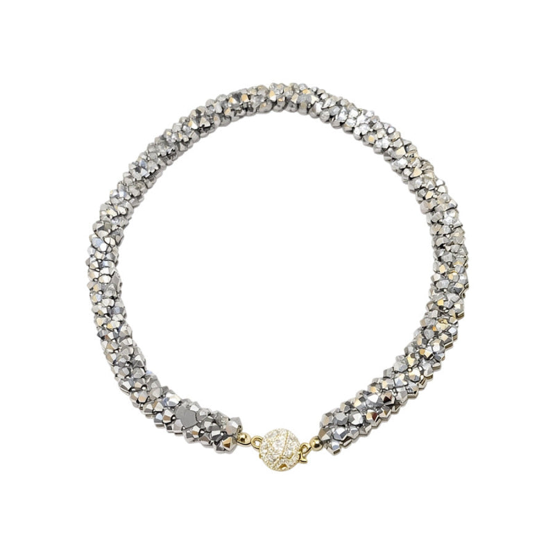 Twisted Multi-Strand Faceted Diamond Choker, Magnetic Diamond Ball Clasp Beaded Necklace