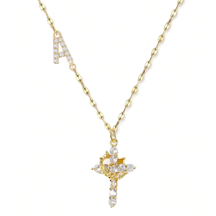 Personalized Initial Diamond Cross Necklace, 2 Tone Letter Sparkle Collarbone Jewelry
