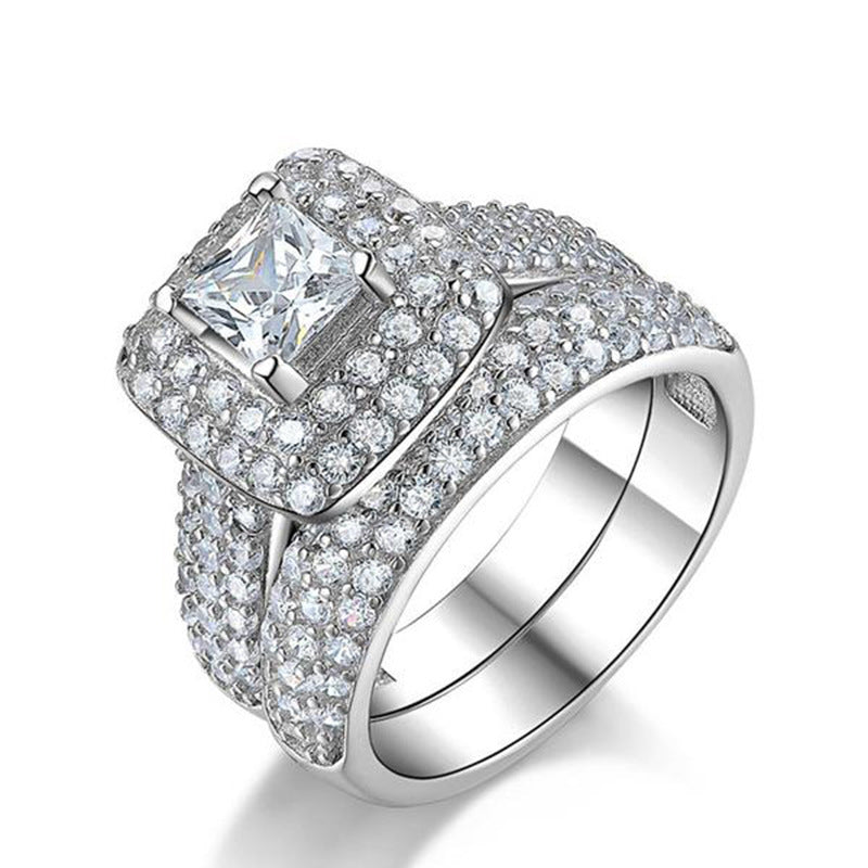 Princess Cut Double Halo Full Pave Silver Bridal Stack Ring Set For Engagement Proposals & Wedding