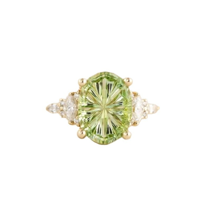 Oval Blue Topaz / Radiant Clear Diamond / Round Green Peridot Floral Side Cluster Promise Rings