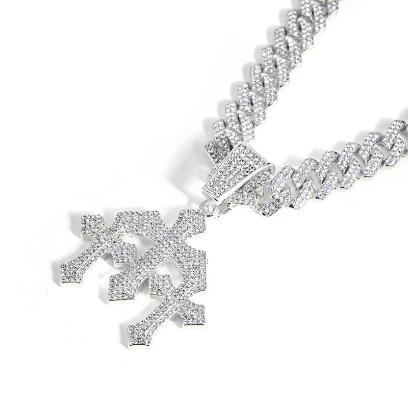Iced Out Cross Pendant Necklace, Full Diamond Cuban Chain Hip Hop Statement Jewelry in Gold & Silver Tone