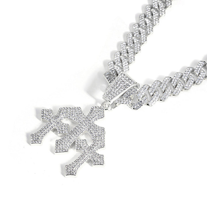 Iced Out Cross Pendant Necklace, Full Diamond Cuban Chain Hip Hop Statement Jewelry in Gold & Silver Tone